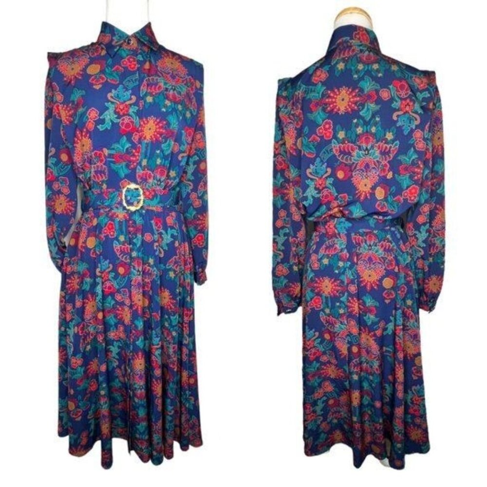 Schrader Long Sleeve 80s Floral Shirt Belted Dress With Jewel Button Cuffs Sz 8 - Picture 4 of 16